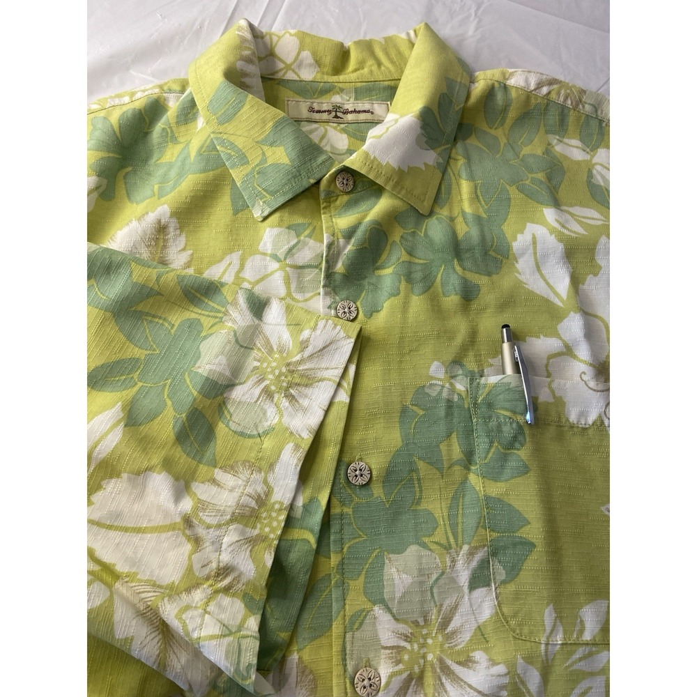 Men's Tommy Bahama Hawaiian Print Greens Short Sleeve 100% Silk Shirt-Size‎ XL